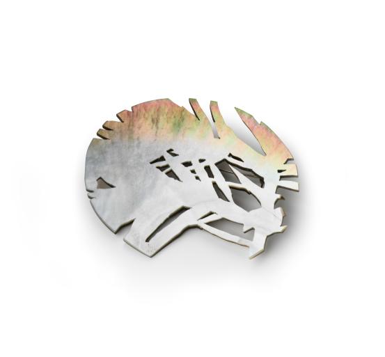 Marian HOSKING<br/>
<em>Pearl-shell brooch</em> (2001) <!-- (front view) --><br />

pearl shell, stainless steel<br />
7.6 x 6.2 x 0.9 cm<br />
National Gallery of Victoria, Melbourne<br />
Gift of Suzy Cato-Gashler, 2025<br />
<br />
© Marian Hosking
<!--157374--><br/><a class="col-link block" href="/explore/collection/work/157374"><strong>Collection page <i class="fa fa-angle-right"></i></strong></a>