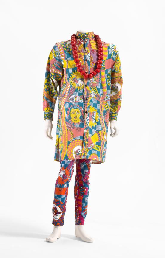 PLAIN JANE, Melbourne (fashion house)<br />
 Gavin BROWN (designer)<br/>
<em>Indian snakes and ladders outfit</em> 1985 <!-- (front view) --><br />

screenprinted cotton, metal, plastic, wood<br />
(a) 109.0 cm (centre back) 61.0 cm (sleeve length) (frock shirt) (b) 114.0 cm (outer leg) 41.0 cm (waist, flat) (pants) (c) 52.0 x 20.5 x 4.5 cm (necklace)<br />
National Gallery of Victoria, Melbourne<br />
Purchased NGV Foundation, 2009<br />
2009.15.a-c<br />

<!--88985--><br/><a class="col-link block" href="/explore/collection/work/88985"><strong>Collection page <i class="fa fa-angle-right"></i></strong></a>