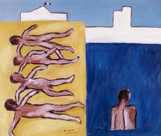 Sidney NOLAN<br/>
<em>Bathers</em> 1942 <!-- (recto) --><br />

enamel paint on cardboard<br />
64.0 x 76.2 cm<br />
National Gallery of Victoria, Melbourne<br />
Gift of Sir Sidney and Lady Nolan, 1983<br />
A20-1983<br />
&copy; The Estate of Sidney Nolan / Licensed by Copyright Agency, Australia
<!--6067-->