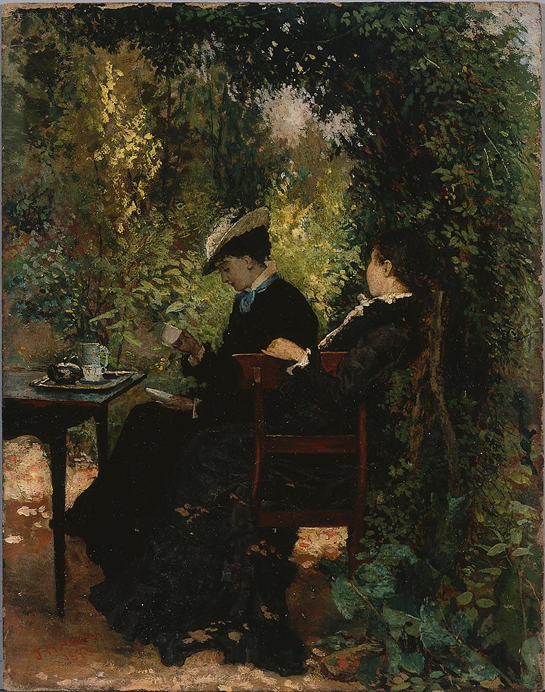 Julian ASHTON<br/>
<em>A quiet cup of tea</em> 1876 <!-- (recto) --><br />

oil on cardboard<br />
22.6 x 17.7 cm<br />
National Gallery of Victoria, Melbourne<br />
Purchased, 1947<br />
1727-4<br />

<!--5127-->