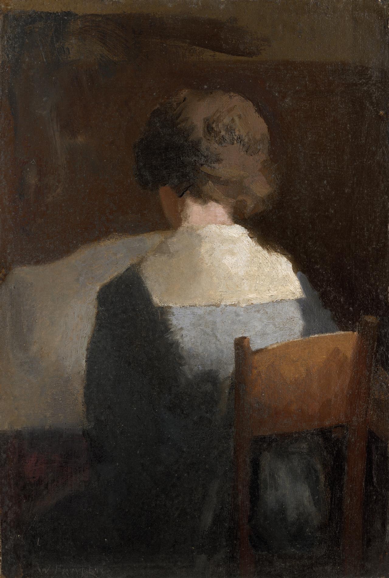 William FRATER<br/>
<em>The artist's wife</em> 1915 <!-- (recto) --><br />

oil on canvas on plywood<br />
47.0 x 32.9 cm<br />
National Gallery of Victoria, Melbourne<br />
The Joseph Brown Collection. Presented through the NGV Foundation by Dr Joseph Brown AO OBE, Honorary Life Benefactor, 2004<br />
2004.175<br />
© Courtesy of the artist's estate
<!--75855-->