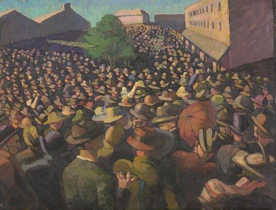 Grace Cossington SMITH<br/>
<em>Crowd</em> (c. 1922) <!-- (recto) --><br />

oil on cardboard<br />
66.7 x 87.5 cm<br />
National Gallery of Victoria, Melbourne<br />
Presented by the National Gallery Society of Victoria, 1967<br />
1764-5<br />
&copy; Estate of Grace Cossington Smith
<!--3008-->