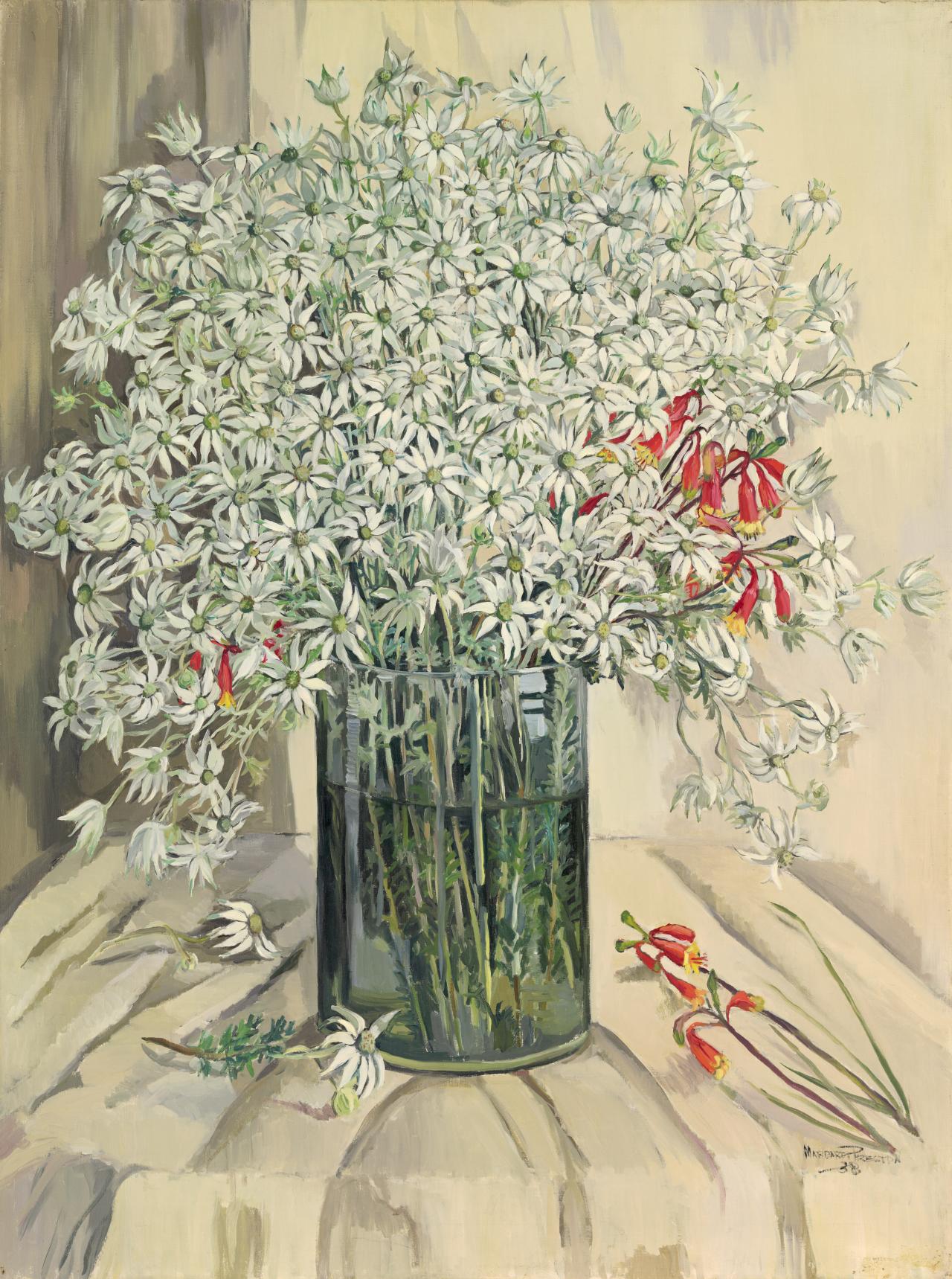 Margaret PRESTON<br/>
<em>Flannel flowers</em> 1938 <!-- (recto) --><br />

oil on canvas<br />
122.0 x 91.6 cm<br />
National Gallery of Victoria, Melbourne<br />
The Joseph Brown Collection. Presented through the NGV Foundation by Dr Joseph Brown AO OBE, Honorary Life Benefactor, 2004<br />
2004.209<br />
© Margaret Preston/Licensed by Copyright Agency, Australia
<!--75856-->