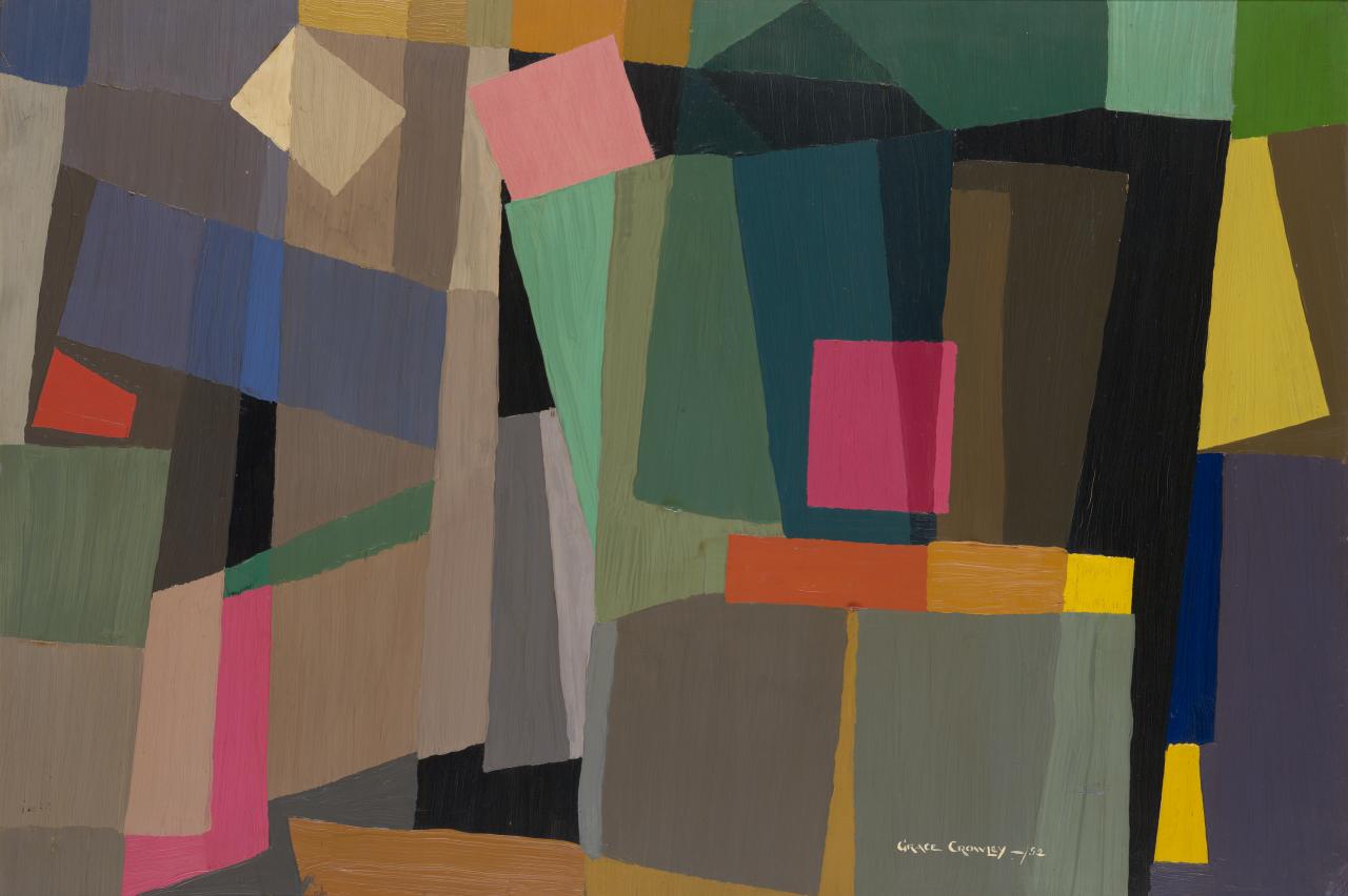 Grace CROWLEY<br/>
<em>Abstract painting</em> 1952 <!-- (recto) --><br />

oil on composition board<br />
61.2 x 90.8 cm<br />
National Gallery of Victoria, Melbourne<br />
Bequest of the artist, 1981<br />
A4-1981<br />
© National Gallery of Victoria
<!--5446-->