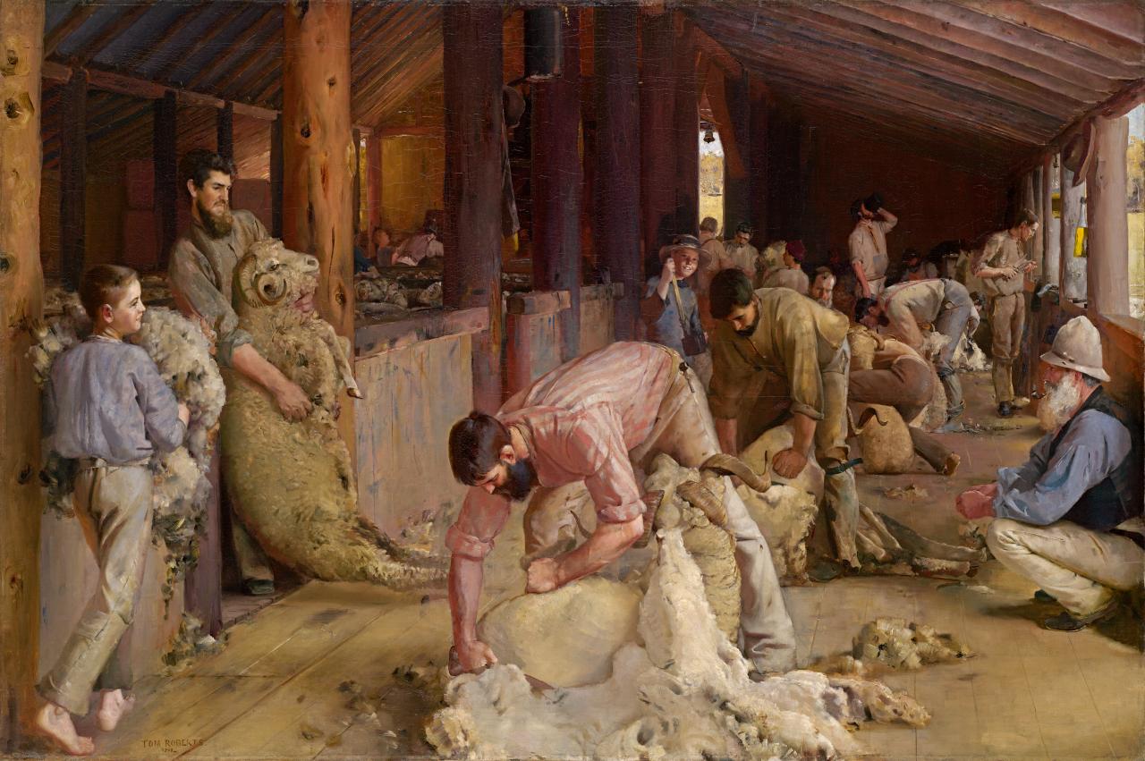 Tom ROBERTS<br/>
<em>Shearing the rams</em> 1890 <!-- (recto) --><br />


oil on canvas on composition board<br />
122.4 x 183.3 cm<br />


National Gallery of Victoria, Melbourne<br />
Felton Bequest, 1932<br />
4654-3<br />



<!--2920-->