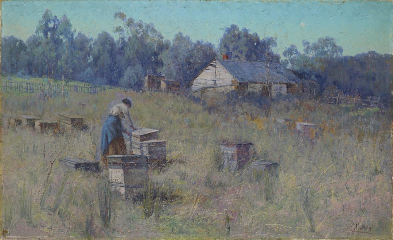 Clara SOUTHERN<br/>
<em>An old bee farm</em> (c. 1900) <!-- (recto) --><br />

oil on canvas<br />
69.1 x 112.4 cm<br />
National Gallery of Victoria, Melbourne<br />
Felton Bequest, 1942<br />
1129-4<br />

<!--3021-->