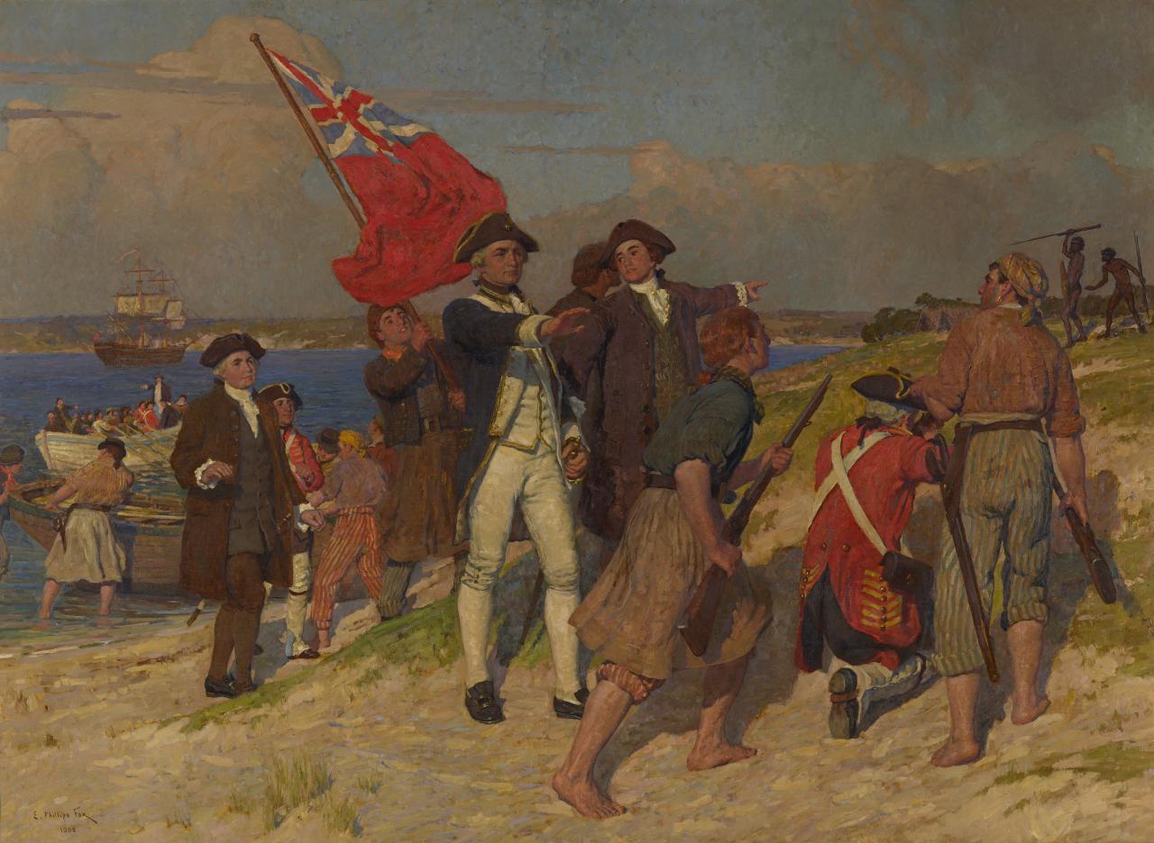 E. Phillips FOX<br/>
<em>Landing of Captain Cook at Botany Bay, 1770</em> 1902 <!-- (recto) --><br />

oil on canvas<br />
192.2 x 265.4 cm<br />
National Gallery of Victoria, Melbourne<br />
Gilbee Bequest, 1902<br />
119-2<br />

<!--5576-->