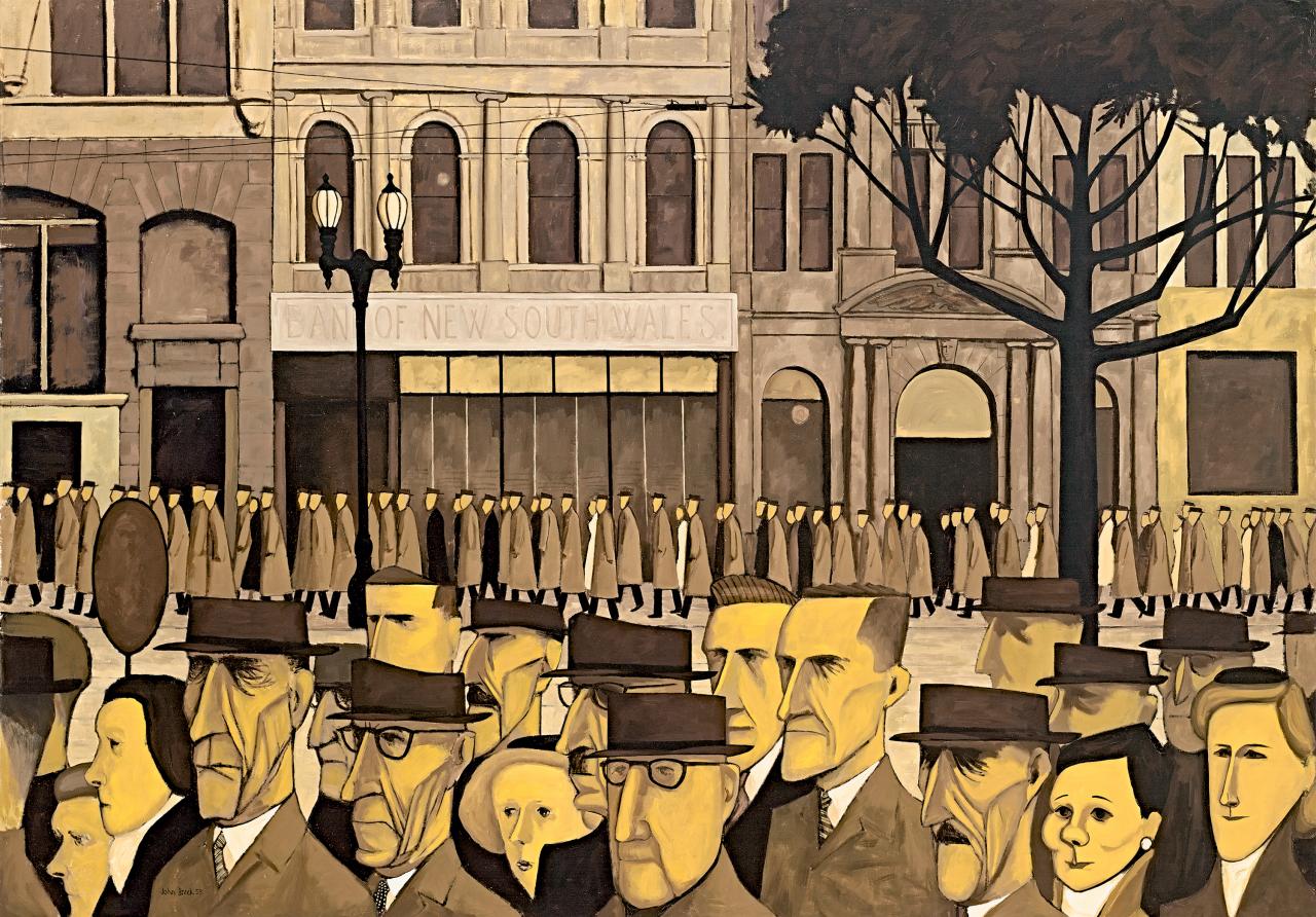 John BRACK<br/>
<em>Collins St, 5p.m.</em> 1955 <!-- (recto) --><br />


oil on canvas<br />
114.8 x 162.8 cm<br />


National Gallery of Victoria, Melbourne<br />
Purchased, 1956<br />
3302-4<br />


© Helen Brack
<!--3161-->