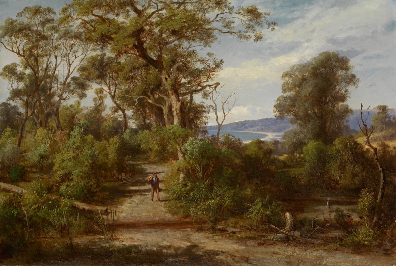 Louis BUVELOT<br/>
<em>(Bush track, Dromana)</em> 1875 <!-- (recto) --><br />

oil on canvas<br />
58.5 x 86.8 cm<br />
National Gallery of Victoria, Melbourne<br />
The Joseph Brown Collection. Presented through the NGV Foundation by Dr Joseph Brown AO OBE, Honorary Life Benefactor, 2004<br />
2004.157<br />

<!--75827-->