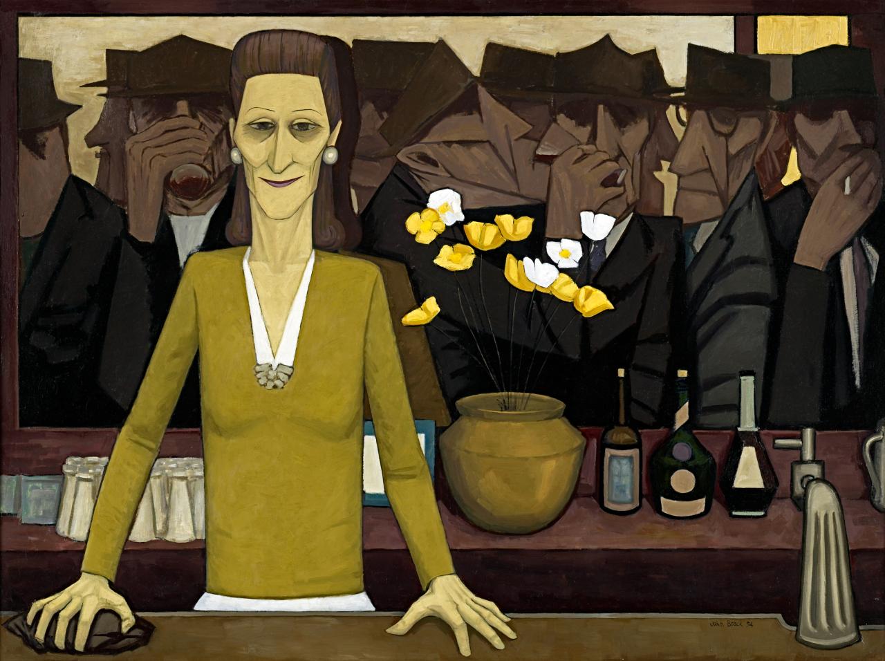 John BRACK<br/>
<em>The bar</em> 1954 <!-- (recto) --><br />

oil on canvas<br />
97.0 x 130.3 cm irreg.<br />
National Gallery of Victoria, Melbourne<br />
Purchased with the assistance of Peter Clemenger AM and Joan Clemenger, Elena Keown Bequest, Spotlight Foundation, NGV Foundation, Ross Adler AC and Fiona Adler, Bruce Parncutt and Robin Campbell, Marc Besen AO and Eva Besen AO, the Bowness Family, Lindsay Fox AO and Paula Fox, Dorothy Gibson, Rino Grollo and Diana Ruzzene Grollo, Ian Hicks AM, the NGV Women’s Association and donors to the John Brack Appeal, 2009<br />
2009.53<br />
© Helen Brack
<!--85242-->