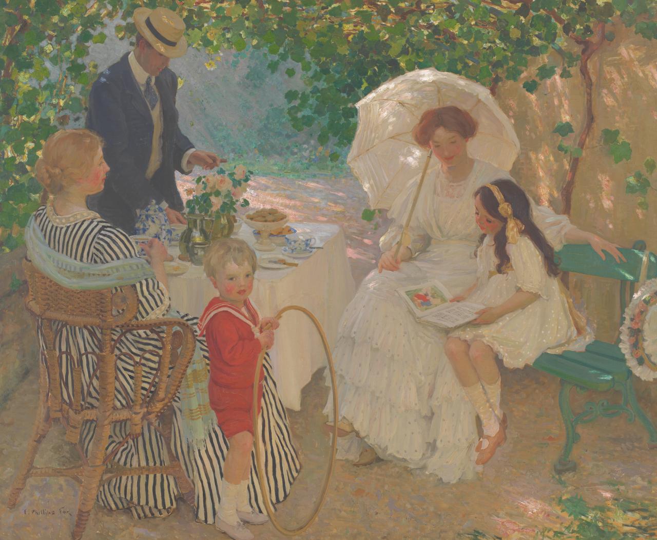 E. Phillips FOX<br/>
<em>The arbour</em> (1910) <!-- (recto) --><br />

oil on canvas<br />
190.5 x 230.7 cm<br />
National Gallery of Victoria, Melbourne<br />
Felton Bequest, 1916<br />
777-2<br />

<!--5570-->