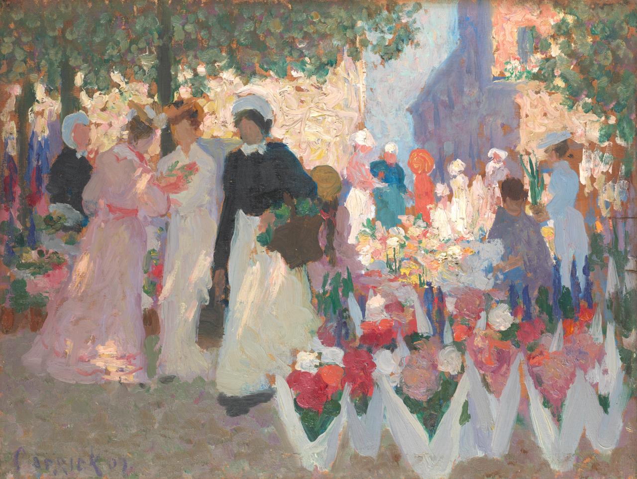 Ethel CARRICK<br/>
<em>Flower market</em> 1907 <!-- (recto) --><br />

oil on wood panel<br />
26.4 x 35.0 cm<br />
National Gallery of Victoria, Melbourne<br />
Presented through The Art Foundation of Victoria by the late Major B. R. F. MacNay, and Mrs D. MacNay, Fellow, 1994<br />
A9-1994<br />

<!--5386-->