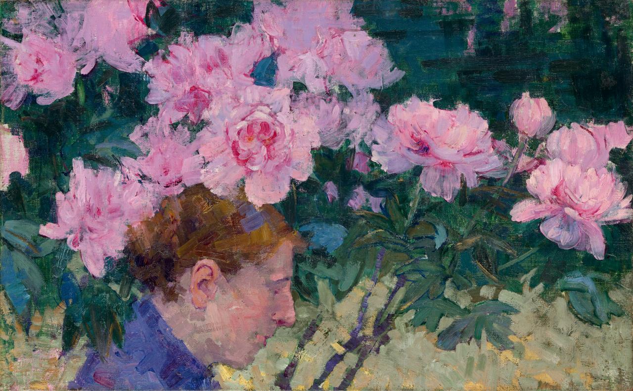 John RUSSELL<br/>
<em>Peonies and head of a woman</em> (c. 1887) <!-- (recto) --><br />

oil on canvas<br />
40.7 x 65.0 cm<br />
National Gallery of Victoria, Melbourne<br />
The Joseph Brown Collection. Presented through the NGV Foundation by Dr Joseph Brown AO OBE, Honorary Life Benefactor, 2004<br />
2004.218<br />

<!--76517-->