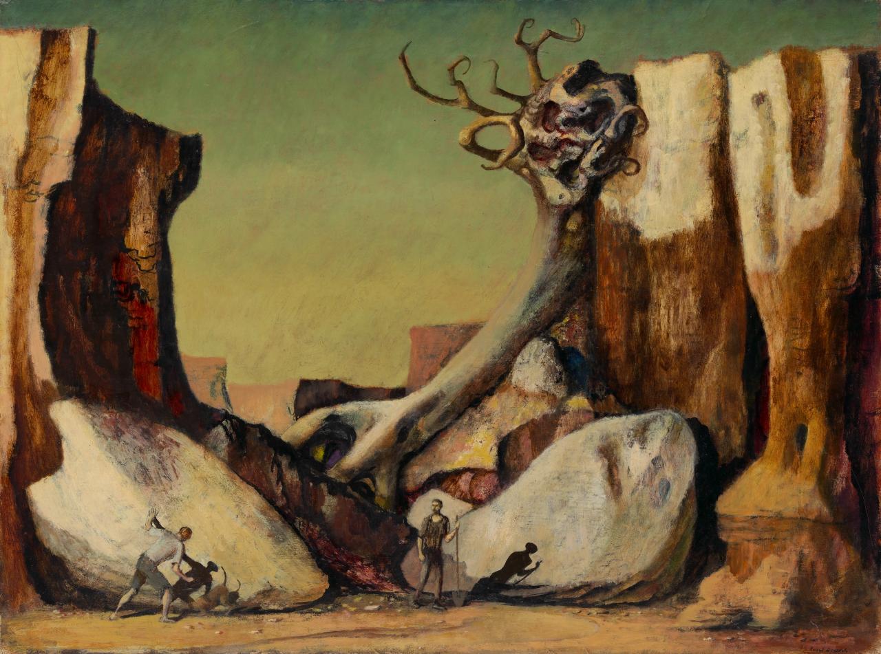 Russell DRYSDALE<br/>
<em>The rabbiters</em> (1947) <!-- (recto) --><br />

oil on canvas<br />
76.6 x 102.5 cm<br />
National Gallery of Victoria, Melbourne<br />
Purchased, 1947<br />
1762-4<br />
© Courtesy Russell Drysdale Estate
<!--5520-->