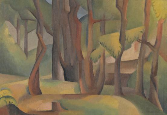 Dorrit BLACK<br/>
<em>Gum trees</em> (1933-1935) <!-- (recto) --><br />

oil on canvas on canvas<br />
38.0 x 55.1 cm (image) 42.0 x 59.8 cm irreg. (canvas)<br />
National Gallery of Victoria, Melbourne<br />
Purchased with funds donated by George and Patricia Kline and family, 2015<br />
2015.82<br />

<!--115125-->