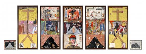 Gareth SANSOM<br/>
<em>Gotterdamerungerdungerdumbergungerdung!</em> (1980-1981) <!-- () --><br />

synthetic polymer paint, enamel paint and collage on composition board<br />
(1) (56.0 X 76.8 cm) (2) 274.0 x 122.0 cm (3) 274.0 x 122.0 cm (4) 274.0 x 122.0 cm (5) 274.0 x 122.0 cm (6) 274.0 x 122.0 cm (7) (56.0 x 76.8 cm) sight<br />
National Gallery of Victoria, Melbourne<br />
Presented through The Art Foundation of Victoria by an anonymous donor, 1983<br />
AC12.1-7-1983<br />
&copy; Gareth Sansom/Licensed by Copyright Agency, Australia
<!--2958-->