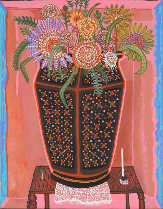 Trevor Nickolls<br/>
<em>Still life Venetian vase</em> 1990 <!-- (recto) --><br />

synthetic polymer paint on canvas<br />
71.0 x 55.8 cm<br />
National Gallery of Victoria, Melbourne<br />
Purchased, NGV Supporters of Indigenous Art, 2018<br />
2018.514<br />
© Trevor Nickolls/Licensed by Copyright Agency, Australia
<!--133547--><br/><a class="col-link block" href="/explore/collection/work/133547"><strong>Collection page <i class="fa fa-angle-right"></i></strong></a>