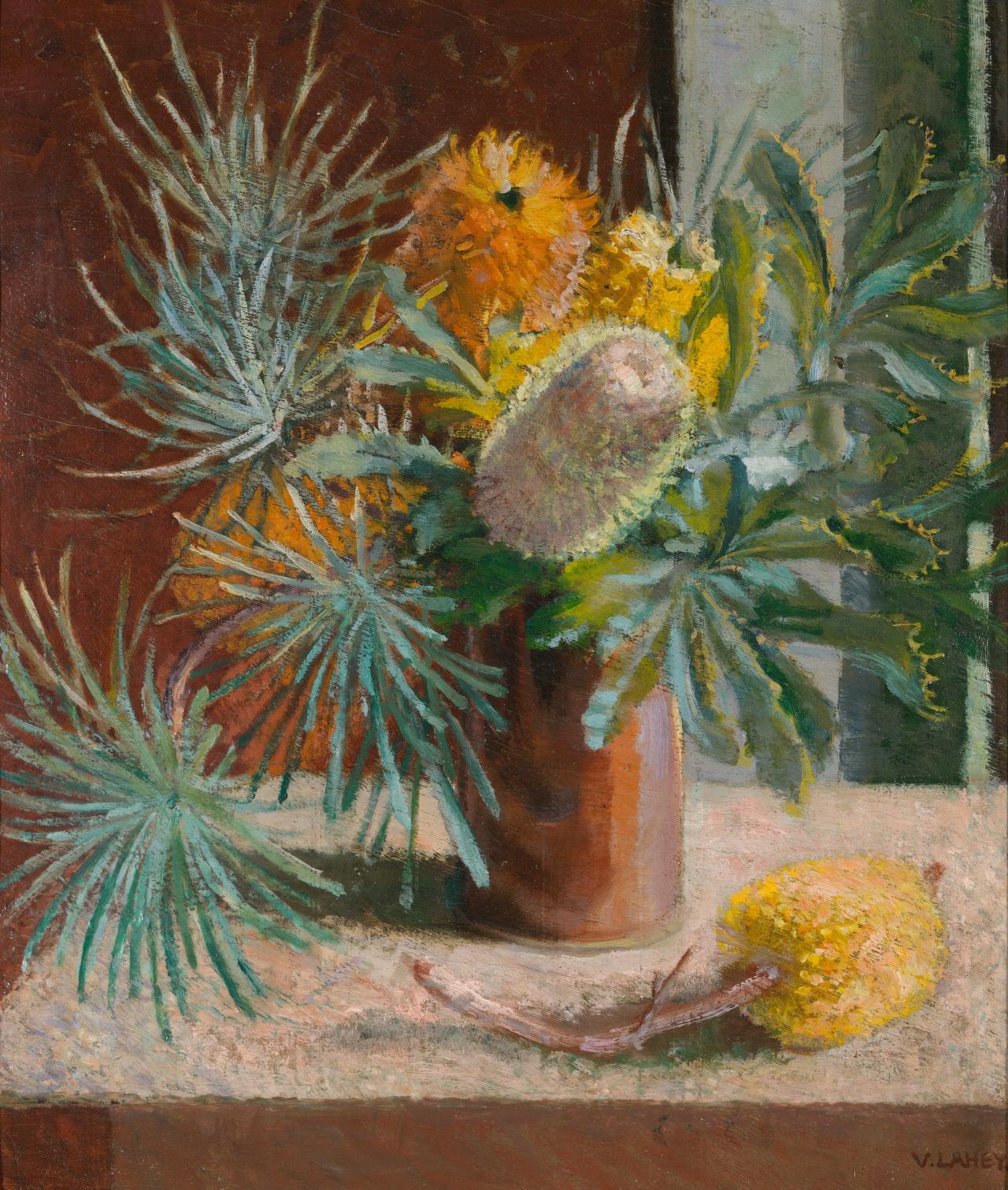 Vida LAHEY<br/>
<em>Banksia</em> 1931 <!-- (recto) --><br />

oil on cardboard<br />
40.5 x 35.0 cm<br />
National Gallery of Victoria, Melbourne<br />
Gift of Andrée Harkness through the Australian Government’s Cultural Gifts Program, 2020<br />
2020.581<br />
© Estate of Vida Lahey / Courtesy: Queensland Art Gallery
<!--138018-->