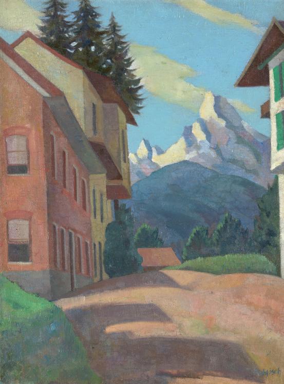 Alison REHFISCH<br/>
<em>Alpine village</em> (c. 1936) <!-- (recto) --><br />

oil on canvas on canvas on plywood<br />
(59.7x 45.0 cm)<br />
National Gallery of Victoria, Melbourne<br />
Gift of Andr&eacute;e Harkness through the Australian Government&rsquo;s Cultural Gifts Program<br />
2020.584<br />
&copy; Kevin Power AM, Copyright Holder, Alison Rehfisch Estate
<!--138091-->