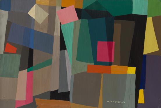 Grace CROWLEY<br/>
<em>Abstract painting</em> 1952 <!-- (recto) --><br />

oil on composition board<br />
61.2 x 90.8 cm<br />
National Gallery of Victoria, Melbourne<br />
Bequest of the artist, 1981<br />
A4-1981<br />
&copy; The Artist
<!--5446-->