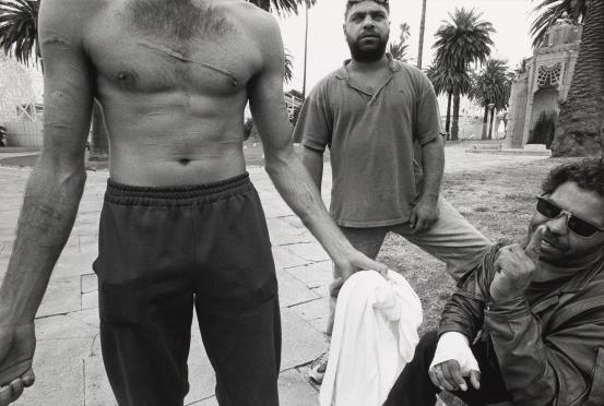 Ricky Maynard<br/>
<em>Untitled</em> (1997) <!-- (whole sheet) --><br />
from the <i>Urban diary</i> series, 1997<br />
gelatin silver photograph<br />
25.2 x 37.6 cm (comp.) 26.2 x 38.4 cm (image) 30.5 x 40.3 cm (sheet)<br />
National Gallery of Victoria, Melbourne<br />
Purchased, 1999<br />
1999.76<br />
© Ricky Maynard/Licensed by Copyright Agency, Australia
<!--66199--><br/><a class="col-link block" href="/explore/collection/work/66199"><strong>Collection page <i class="fa fa-angle-right"></i></strong></a>