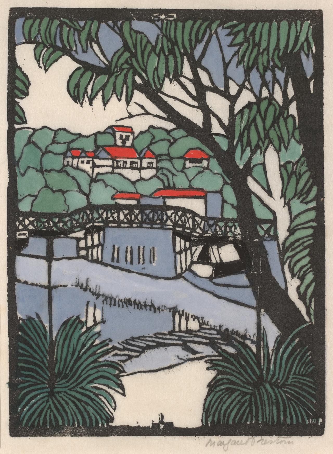 Margaret PRESTON<br/>
<em>Mosman bridge</em> (c. 1927) <!-- (recto) --><br />

hand-coloured woodcut<br />
25.1 x 18.5 cm (image) 33.0 x 24.7 cm (sheet)<br />
National Gallery of Victoria, Melbourne<br />
Gift of Martin Terry, 1982<br />
P63-1982<br />
&copy; Margaret Preston/Licensed by Copyright Agency, Australia
<!--29961-->