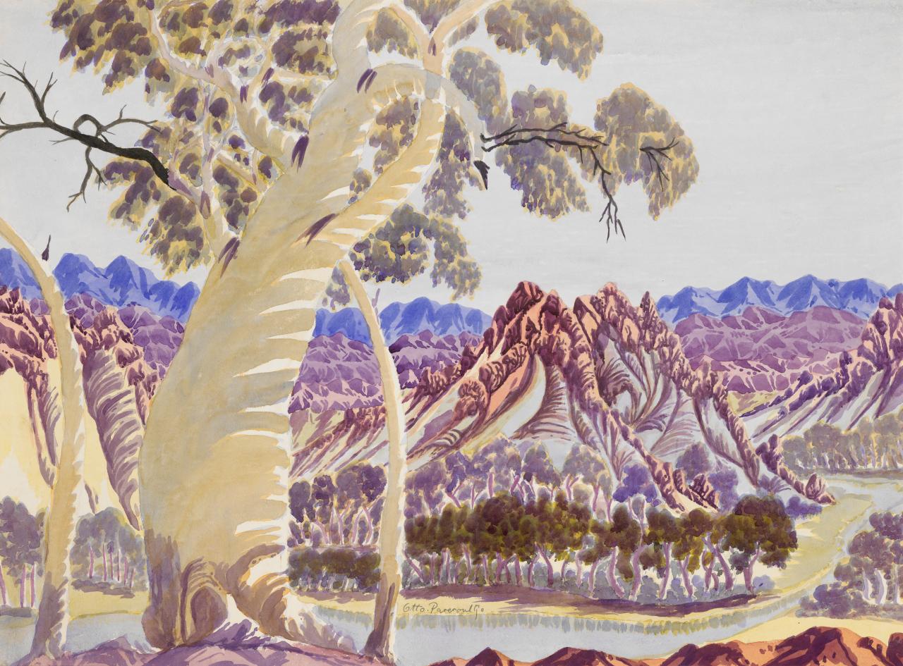 Otto Pareroultja<br/>
<em>Ghost Gum, James Range</em> (c. 1955) <!-- (recto) --><br />

watercolour; laid down<br />
53.5 x 72.5 cm (image) 54.0 x 74.5 cm (sheet)<br />
National Gallery of Victoria, Melbourne<br />
The Joseph Brown Collection. Presented through the NGV Foundation by Dr Joseph Brown AO OBE, Honorary Life Benefactor, 2004<br />
2004.252<br />
© estate of the artist l Aboriginal Artists Agency Ltd
<!--75945-->