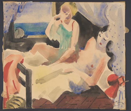 Mary Cockburn MERCER<br/>
<em>(Two women)</em> (c. 1940) <!-- (recto) --><br />

watercolour over pencil on buff paper<br />
23.8 x 27.0 cm (image and sheet)<br />
National Gallery of Victoria, Melbourne<br />
The Joseph Brown Collection. Presented through the NGV Foundation by Dr Joseph Brown AO OBE, Honorary Life Benefactor, 2004<br />
2004.291<br />
&copy; The Estate of Mary Cockburn Mercer
<!--75935-->