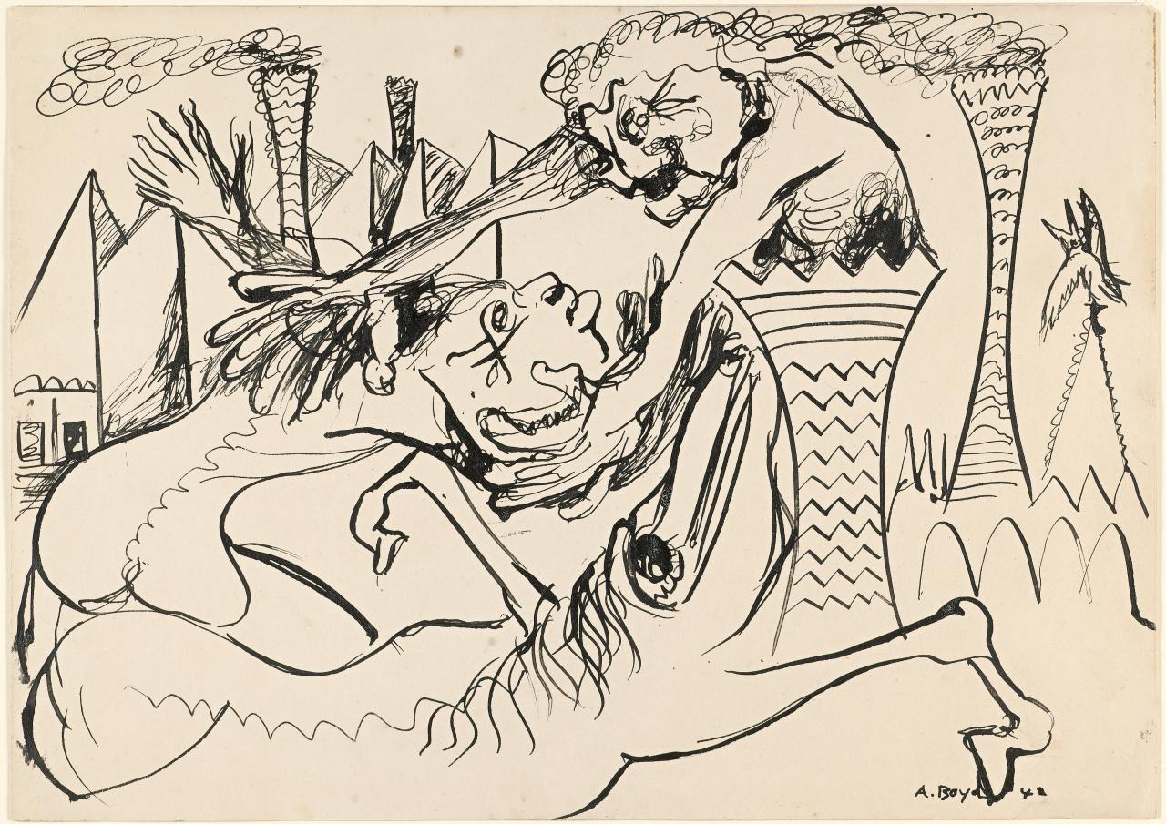 Arthur BOYD<br/>
<em>Figure in factory chimney with beast</em> 1942 <!-- (recto) --><br />

reed pen and ink<br />
25.9 x 36.4 cm (image and sheet)<br />
National Gallery of Victoria, Melbourne<br />
Purchased, 1964<br />
1597-5<br />
© Arthur Boyd’s work reproduced with the permission of Bundanon Trust, https://www.bundanon.com.au
<!--24202-->