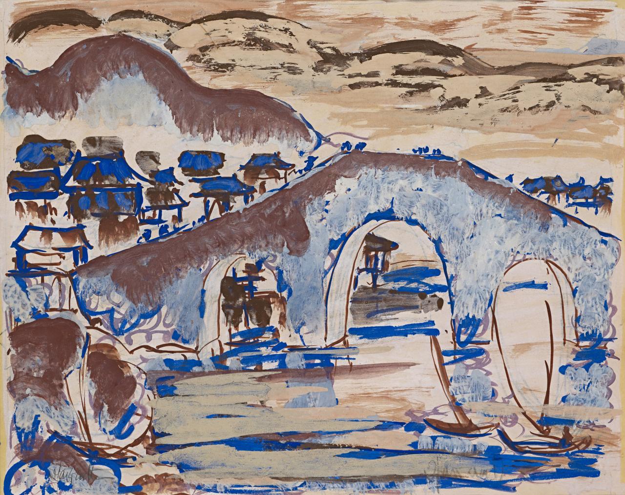 Ian FAIRWEATHER<br/>
<em>Bridge, Huchow</em> (1941) <!-- (recto) --><br />

gouache, pencil, brush and ink<br />
38.6 x 46.6 cm (comp.) 44.4 x 56.8 cm (sheet)<br />
National Gallery of Victoria, Melbourne<br />
Purchased, 1949<br />
1958-4<br />
&copy; Ian Fairweather/DACS, London. Licensed by Copyright Agency, Australia
<!--27121-->