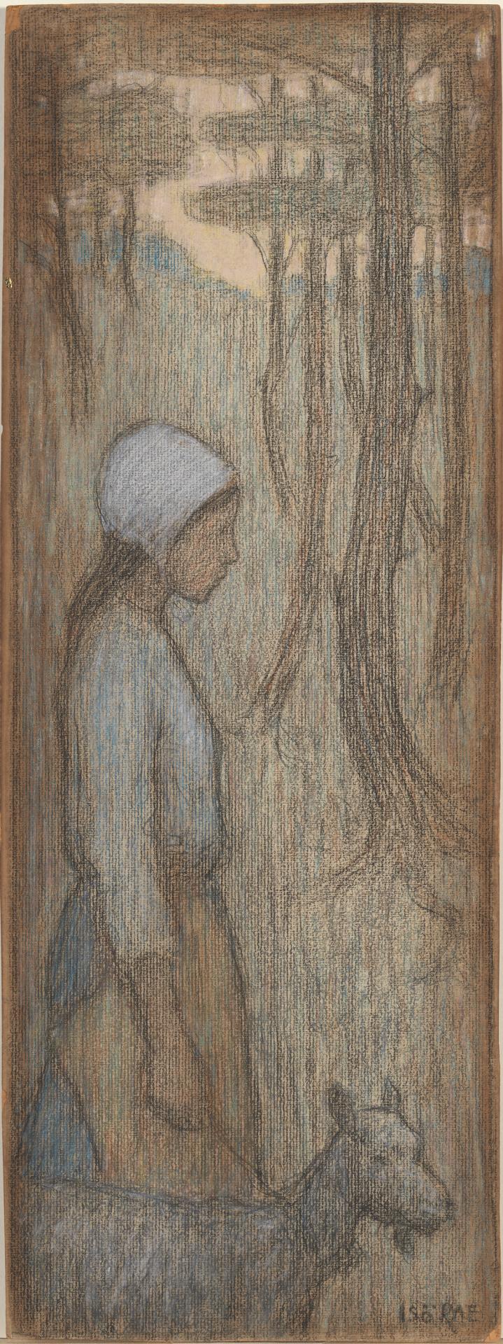 Iso RAE<br/>
<em>(Breton girl with goat)</em> (c. 1895) <!-- (recto) --><br />

pastel and black chalk on cardboard<br />
47.0 x 17.0 cm (image) 48.3 x 17.5 cm (sheet)<br />
National Gallery of Victoria, Melbourne<br />
Purchased with funds donated from the Estate of Ouida Marston, 2011<br />
2011.329<br />

<!--100045-->