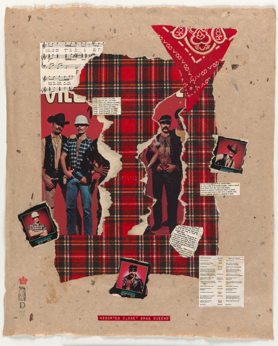 David McDIARMID<br/>
<em>Assorted closet drag queens</em> 1978 <!-- (recto) --><br />

collage of torn colour photo-offset lithograph, cut photo-offset lithograph, printed cotton, red embossing tape on brown handmade mulberry paper<br />
62.8 x 51.5 cm irreg. (sheet)<br />
National Gallery of Victoria, Melbourne<br />
Gift from the Estate of David McDiarmid, 2017<br />
2016.248<br />
© The Estate of David McDiarmid
<!--100048--><br/><a class="col-link block" href="/explore/collection/work/100048"><strong>Collection page <i class="fa fa-angle-right"></i></strong></a>