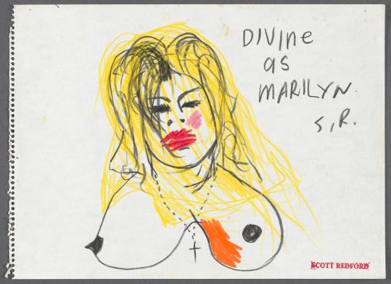 Scott REDFORD<br/>
<em>Divine as Marilyn</em> (1982-1985) <!-- (recto) --><br />

coloured pencils<br />
24.5 x 27.0 cm irreg. (image) 27.0 x 37.0 cm (sheet)<br />
National Gallery of Victoria, Melbourne<br />
Gift of the artist through the Australian Government’s Cultural Gifts Program, 2009<br />
2009.356<br />
© Scott Redford, licenced by Copyright Agency, Australia
<!--96532--><br/><a class="col-link block" href="/explore/collection/work/96532"><strong>Collection page <i class="fa fa-angle-right"></i></strong></a>