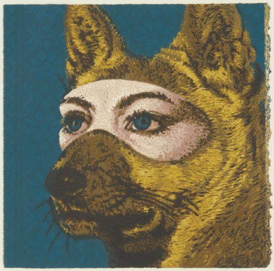 Jazmina CININAS<br/>
<em>Vilka dingo</em> 2004 <!-- (recto) --><br />
from the </i>Girly Werewolf Project</i><br />
colour linocut<br />
23.0 x 23.2 cm (image and sheet)<br />
edition of 15<br />
National Gallery of Victoria, Melbourne<br />
The Athol Hawke and Eric Harding Collection of Contemporary Prints and Drawings. Gift of Athol Hawke and Eric Harding through the Australian Government's Cultural Gifts Program, 2016<br />
2016.122<br />
© Jazmina Cininas
<!--119741--><br/><a class="col-link block" href="/explore/collection/work/119741"><strong>Collection page <i class="fa fa-angle-right"></i></strong></a>