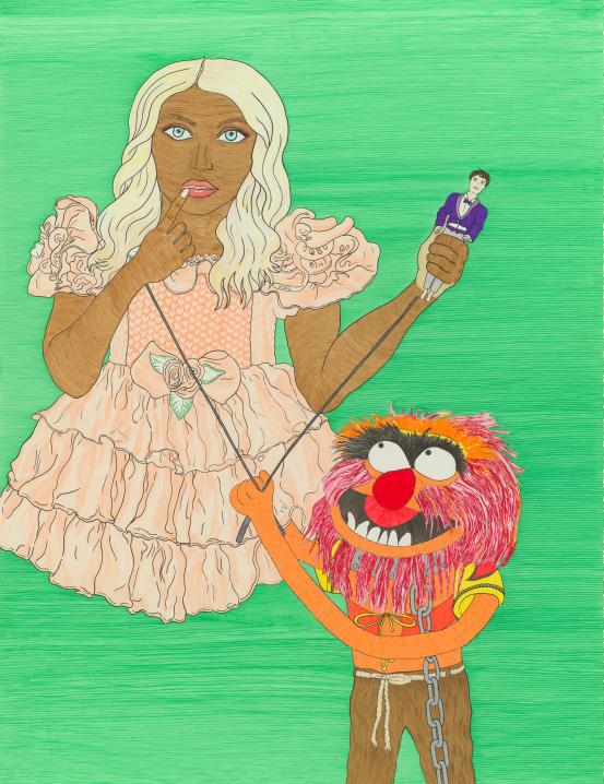 TEXTAQUEEN<br/>
<em>Colonised desire - The animal within (Self-portrait)</em> 2012 <!-- (recto) --><br />
from the series <i>Unknown Artist</i><br />
colour fibre-tipped pens<br />
126.8 x 97.7 cm (sheet)<br />
National Gallery of Victoria, Melbourne<br />
Purchased NGV Foundation with the assistance of The Docking Drawing Fund (NGV), 2013<br />
2013.45<br />
© TextaQueen
<!--106400--><br/><a class="col-link block" href="/explore/collection/work/106400"><strong>Collection page <i class="fa fa-angle-right"></i></strong></a>
