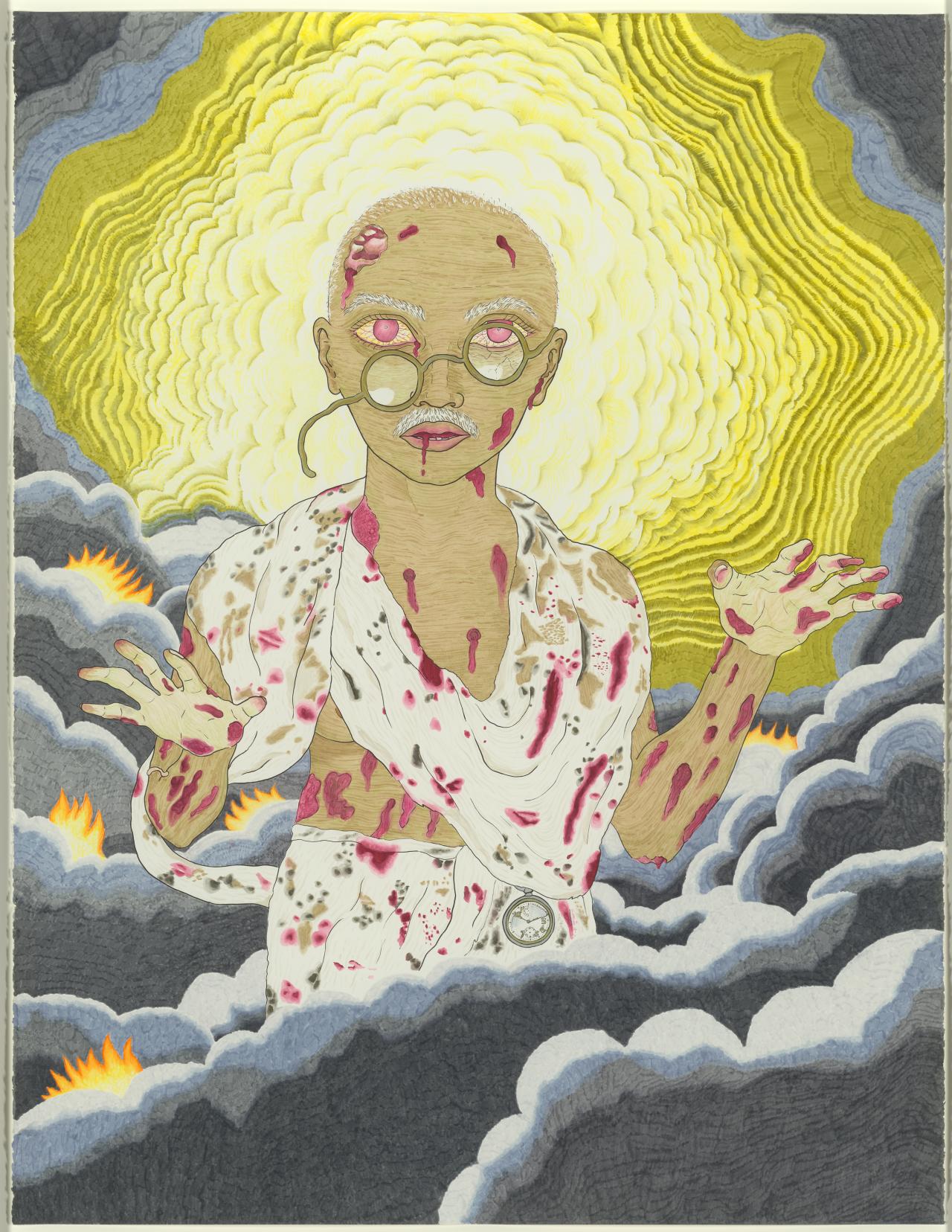 TEXTAQUEEN<br/>
<em>Gandhi returns (Self-portrait)</em> 2013 <!-- (recto) --><br />
from the series <i>Unknown Artist</i><br />
colour fibre-tipped pens<br />
127.0 x 97.5 cm (sheet)<br />
National Gallery of Victoria, Melbourne<br />
Purchased NGV Foundation with the assistance of The Docking Drawing Fund (NGV), 2013<br />
2013.44<br />
© TextaQueen
<!--106404-->