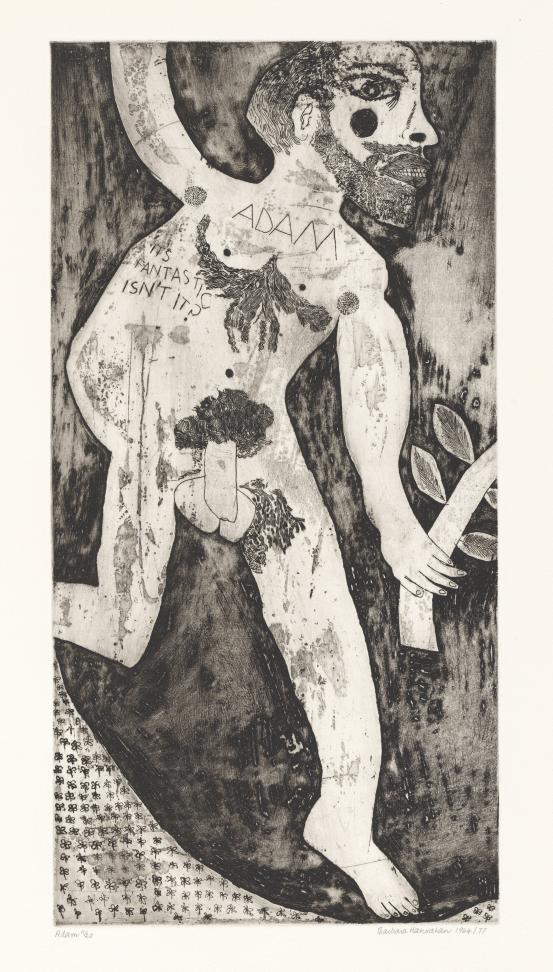 Barbara HANRAHAN<br/>
<em>Adam</em> 1964; 1977 {printed} <!-- (recto) --><br />

etching, sugar-lift aquatint and foul biting<br />
60.6 x 30.6 cm (image and plate) 76.6 x 57.2 cm (sheet)<br />
ed. 11/20<br />
National Gallery of Victoria, Melbourne<br />
Purchased, 1983<br />
P16-1983<br />
© Estate of Barbara Hanrahan
<!--26006--><br/><a class="col-link block" href="/explore/collection/work/26006"><strong>Collection page <i class="fa fa-angle-right"></i></strong></a>