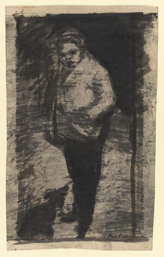 Fred WILLIAMS<br/>
<em>Self portrait with dog</em> 1949 <!-- (recto) --><br />

monotype with pen and brush and ink<br />
31.5 x 20.6 cm irreg. (sheet) 32.9 x 20.6 cm irreg. (sheet)<br />
National Gallery of Victoria, Melbourne<br />
Gift of Dr Joseph Brown, OBE, 1983<br />
P9-1983<br />
&copy; Estate of Fred Williams
<!--26002-->