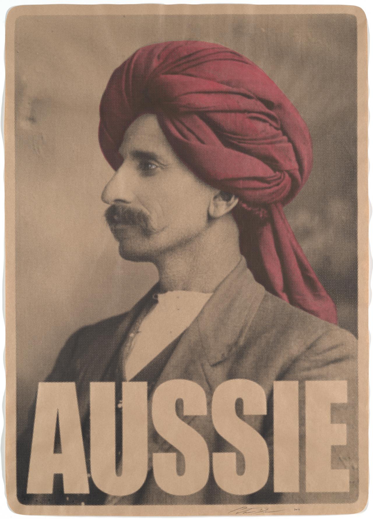 Peter DREW<br/>
<em>Monga Khan 1916</em> 2016; 2019 {printed} <!-- (recto) --><br />
from the<i> Aussie</i> series 2016<br />
brush and ink on screenprint<br />
114.5 x 80.5 cm (image) 117.5 x 83.5 cm (sheet)<br />
National Gallery of Victoria, Melbourne<br />
Purchased, NGV Supporters of Prints and Drawings, 2020<br />
2020.185<br />
© Peter Drew
<!--143613-->