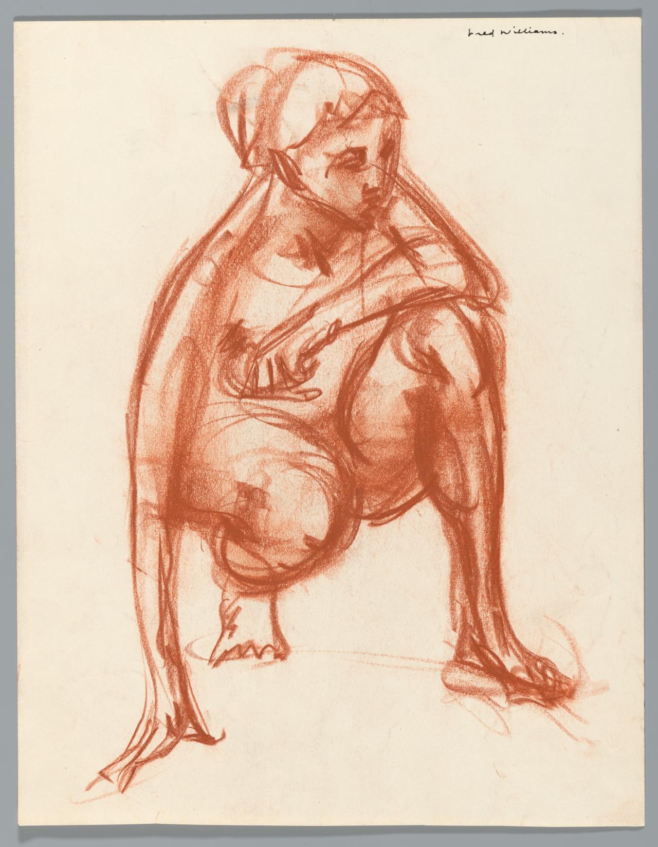 Fred WILLIAMS<br/>
<em>(Female nude crouching)</em> (1952-1956) <!-- (recto) --><br />

red cont&eacute; crayon<br />
30.0 x 23.0 cm (image) 32.7 x 25.4 cm (sheet)<br />
National Gallery of Victoria, Melbourne<br />
Gift of Lyn Williams AM and Family through the Australian Government&rsquo;s Cultural Gifts Program, 2022<br />
2022.510<br />
&copy; Estate of Fred Williams
<!--146999-->