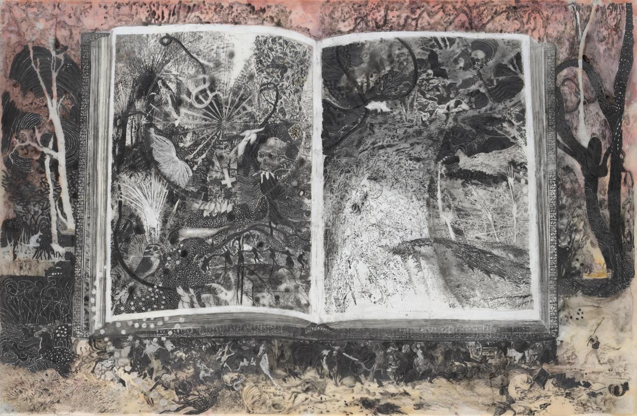 Martin KING<br/>
<em>Strangerlands II</em> 2021 <!-- (recto) --><br />

graphite, watercolour, gouache and gold foil on drafting film and paper<br />
(148 x 226.5 cm)<br />
National Gallery of Victoria, Melbourne<br />
Gift of the artist through the Australian Government&rsquo;s Cultural Gifts Program, 2025<br />
2025.578<br />
&copy; Martin King 2025
<!--156993-->