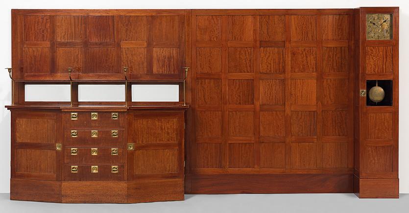 Adolf Loos (designer)<br/>
Austria 1870&ndash;1933<br/>
<em>Sideboard, long-case clock and panelling, from the Langer apartment</em> 1903<br/>
mahogany, mirror glass, brass, clock mechanism<br/>
(a-e) 201.2 x 194.5 x 59.3 cm (overall); (a-c) 200.6 x 403.7 x 36.9 cm (overall)<br/>
National Gallery of Victoria, Melbourne<br/>
Purchased, 1994 (D8.a-e-1994)<br/>
Presented through The Art Foundation of Victoria by Mr Alfred Muller, Governor, 1994, (D63.a-c-1994)<br/>


