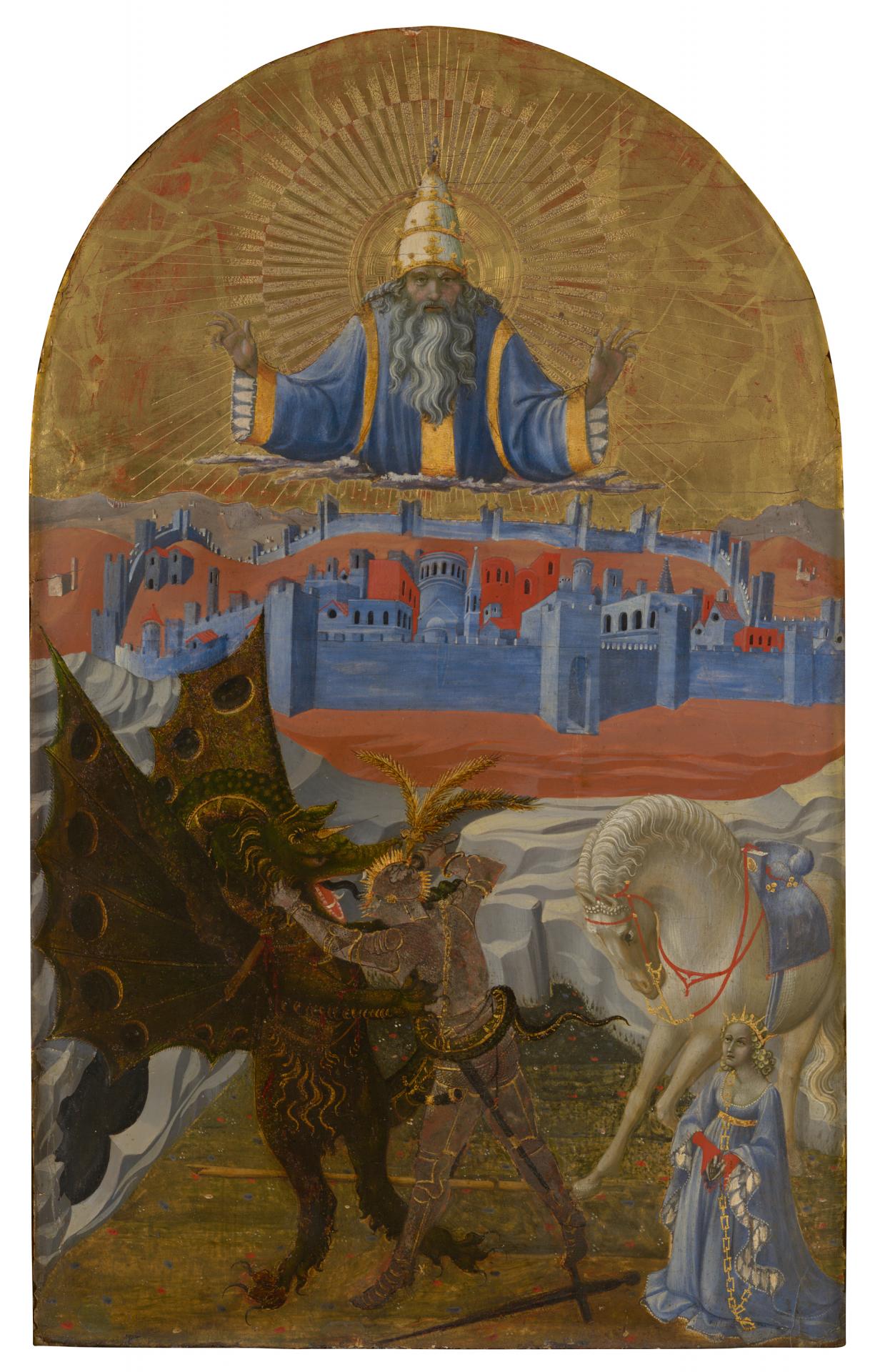 fig. 1<br/>
Paolo Uccello <br/>
Italian c.1397–1475<br/>
<em>Saint George and the dragon</em> c.1430<br/>
oil, tempera and silver leaf on wood panel<br/>
62.2 x 38.8 cm<br/>
National Gallery of Victoria, Melbourne<br/>
Felton Bequest, 1949 (2124-4)<br/>