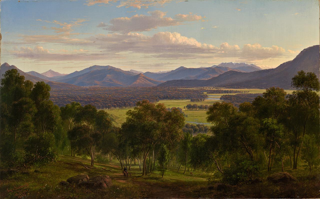 fig. 3<br/>
Eugène von Guérard<br/>
Austrian 1811–1901, worked in Australia 1852–82, Germany 1882–91, England 1891–1901<br/>
<em>Spring in the valley of the Mitta Mitta with the Bogong Ranges in the distance</em> 1863<br/>
oil on canvas<br/>
43.3 x 69.0 cm<br/>
National Gallery of Victoria, Melbourne<br/>
The Joseph Brown Collection. <br/>
Presented through the NGV Foundation by Dr Joseph Brown AO OBE, Honorary Life Benefactor, 2004 (2004.591)<br/>