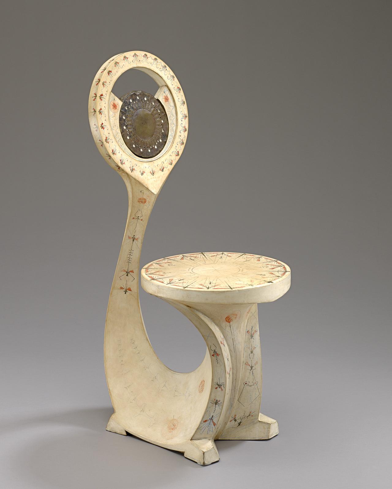 Carlo Bugatti<br/>
Italian 1856–1940<br/>
<em>Chair, from the Snail Room</em> 1902<br/>
wood, painted and gilt vellum, copper<br/>
97.0 x 45.0 x 40.0 cm<br/>
National Gallery of Victoria, Melbourne <br/>
Purchased with the assistance of Paula Fox, the NGV Women's Association and the NGV Supporters of Decorative Arts, 2008 (2008.96)<br/>