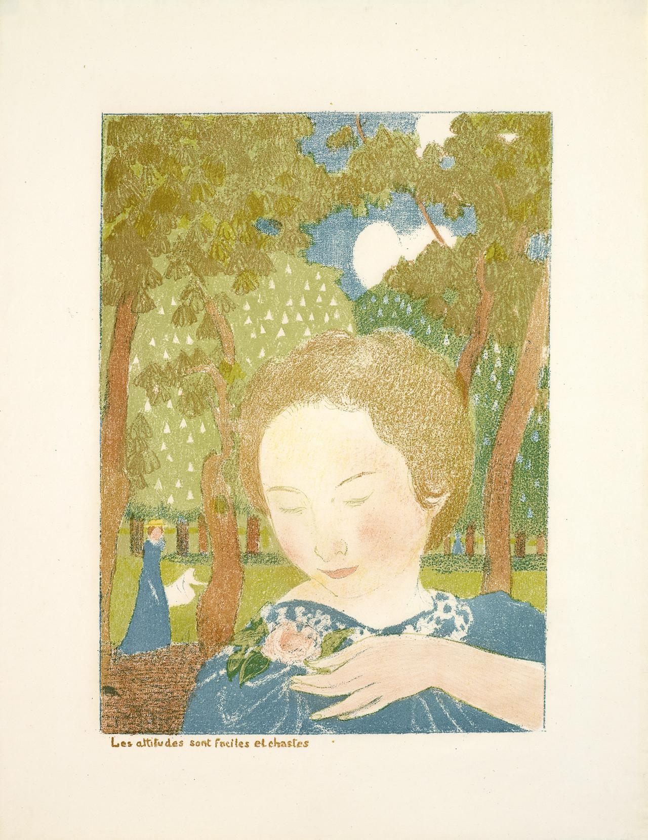 Maurice Denis<br/>
French 1870–1943<br/>
<em>Attitudes are easy and chaste</em> (<em>Les attitudes sont faciles et chastes</em>) c.1897–98<br/>
plate 2 from the <em>Amour</em> (<em>Love</em>) suite published 1899<br/>
colour lithograph, ed. of 100<br/>
38.6 x 28.0 cm (image); 53.4 x 40.7 cm (sheet)<br/>
National Gallery of Victoria, Melbourne <br/>
Purchased, NGV Women's Association with the assistance of Jennifer Lempriere, 2008 (2008.378.3)<br/>