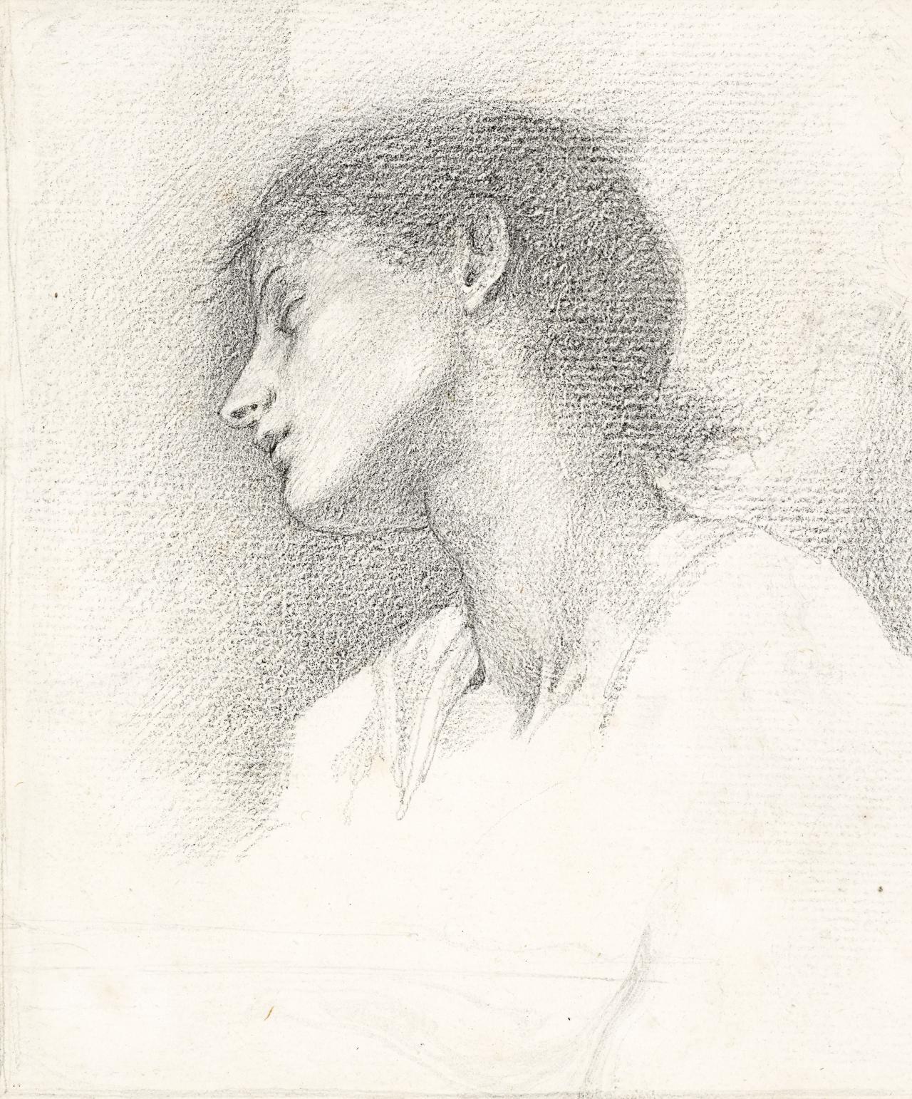 fig. 1<br/>
Edward Burne-Jones <br/>
English 1833–1898<br/>
<em>Study for Cupid finding Psyche</em> 1870 <br/>
formerly known as <em>Study of a head</em><br/>
pencil<br/>
19.3 x 16.0 cm irreg. (comp); 21.2 x 18.5 cm irreg. (sheet)<br/>
National Gallery of Victoria, Melbourne<br/>
Gift of Mrs Monty Grover, 1959 (121-5)<br/>