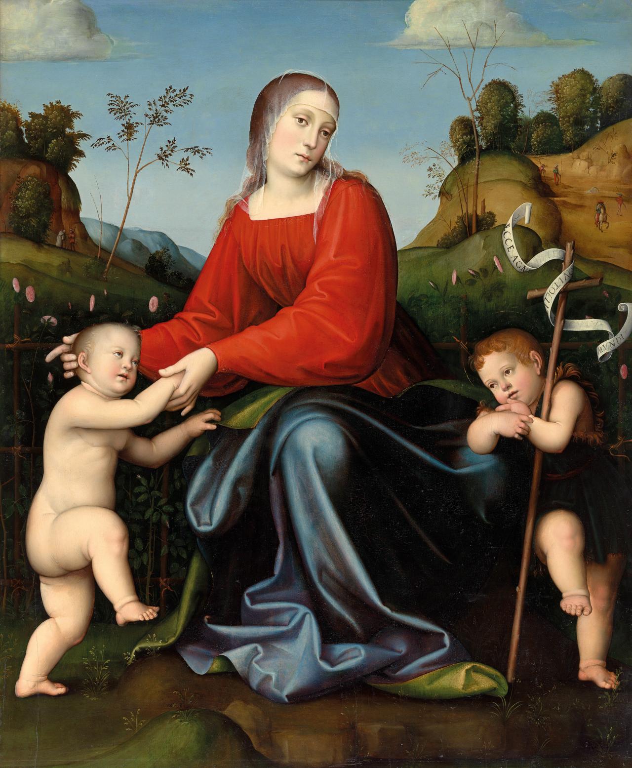 Francesco Francia<br/>
Italian c.1450–1517<br/>
Giacomo Francia<br/>
Italian c.1486–1557<br/>
Giulio Francia<br/>
Italian 1487–1545<br/>
<em>Virgin and Child with the young Saint John in a garden of roses</em> c.1515<br/>
oil on wood panel<br/>
115.4 x 93.5 cm<br/>
Purchased with funds donated by John Higgins, Paula Fox, Ken and Jill Harrison, Alan and Mavourneen Cowen and donors to the Francia Appeal, 2011 (2011.337)<br/>