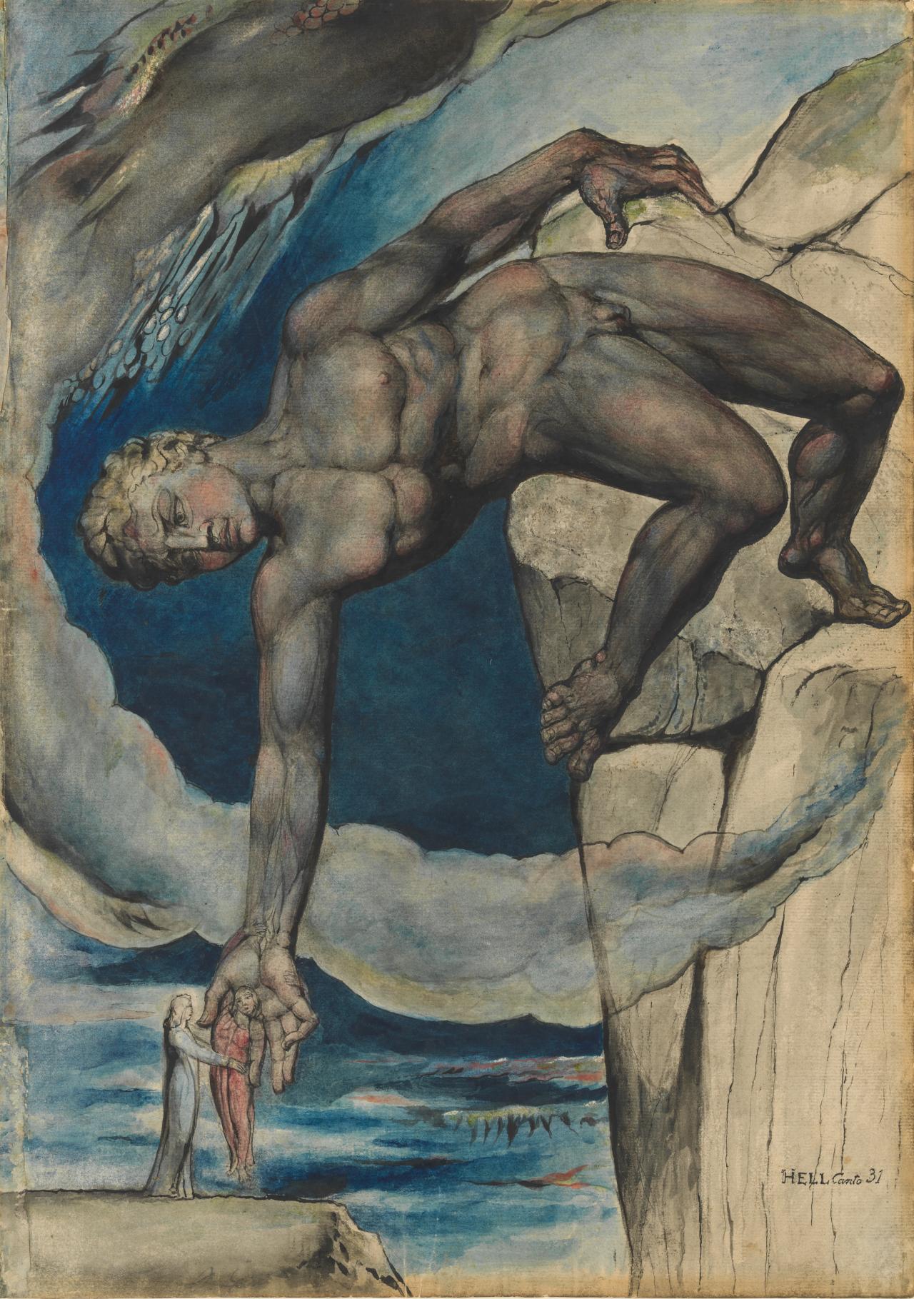 fig. 4<br/>
William Blake<br/>
<em>Antaeus setting down Dante and Virgil in the Last Circle of Hell</em> <br/>
(Inferno XXXI, 112–43)<br/>
Illustrations for <em>The Divine Comedy</em> by Dante Alighieri, 1824–27<br/>
pen and ink and watercolour over pencil and black chalk, with sponging and scratching out<br/>
52.6 x 37.4 cm <br/>
Butlin 812.63; Butlin & Gott 27<br/>
National Gallery of Victoria, Melbourne<br/>
Felton Bequest, 1920 (1012-3)<br/>
<br/>
<br/>
<em>Modelling to delineate musculature using initial tonal drawing followed by application of colour</em><br/>