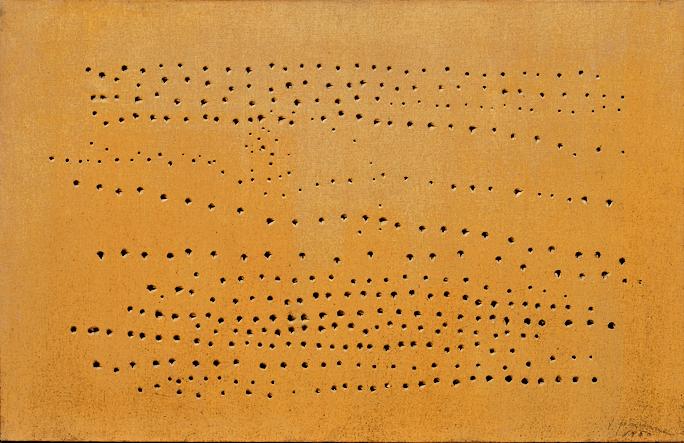 fig. 4<br/>
Lucio Fontana<br/>
<em>Spatial concept</em> 1949&ndash;50<br/>
glue on canvas<br/>
55.0 x 84.6 cm<br/>
Tate Gallery, London<br/>
Purchased with the assistance from the Friends<br/>
of the Tate Gallery, 1985 (T03961)<br/>
&copy; Lucio Fontana, 1964/VG Bild-Kunst.<br/>
Represented by VISCOPY, Sydney<br/>


